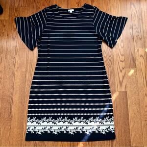 Charter Club Dots Stripes Floral Navy Blue Cream Flutter Sleeves Dress Size 2XL